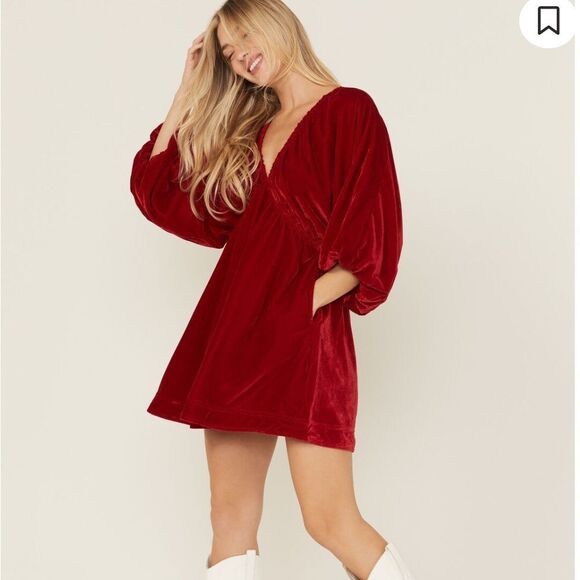Free People Portia velvet mini dress Red puff sleeves baby doll NWT Sz XS - Picture 4 of 11